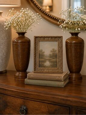 Vintage Aisian Inspired Copper Bud Vases with Arabian Style Engravings 6.75” ea